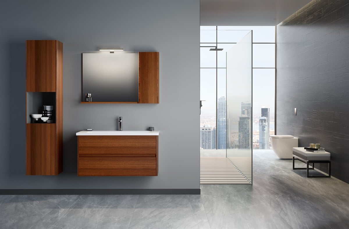 Orka Düden Çekmeceli Red Walnut 100 cm Banyo Dolabı