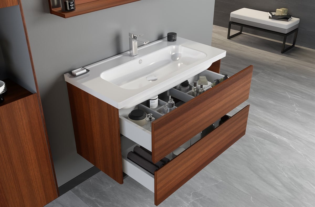 Orka Düden Çekmeceli Red Walnut 100 cm Banyo Dolabı
