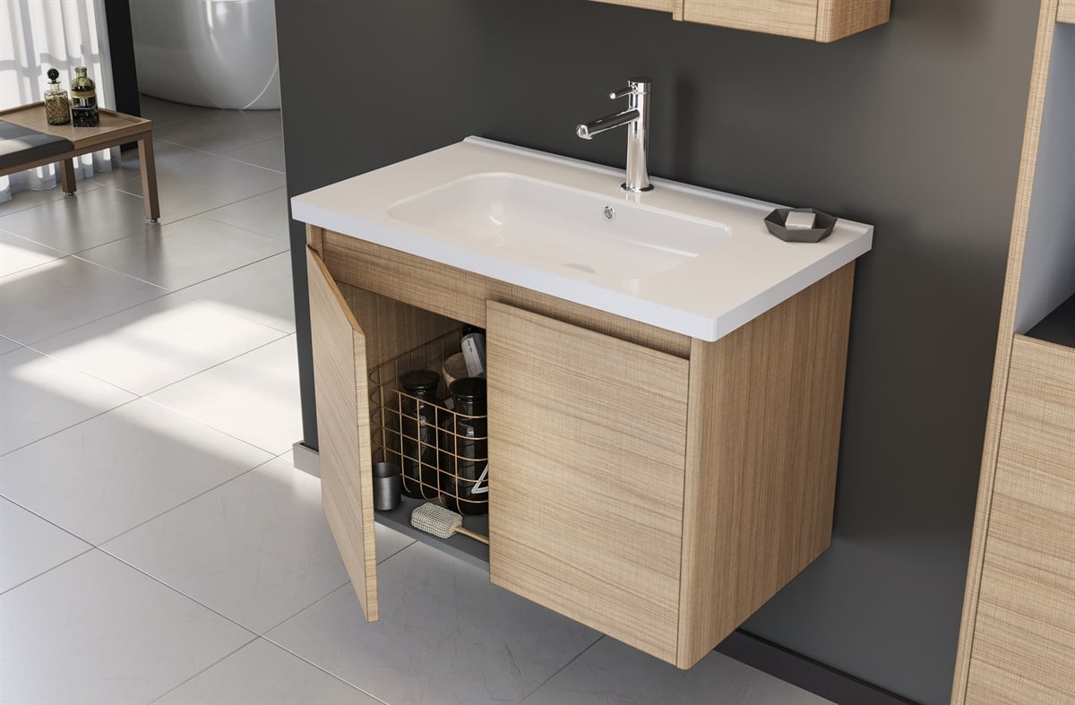 Orka Düden Kapaklı White Oak 80 cm Banyo Dolabı