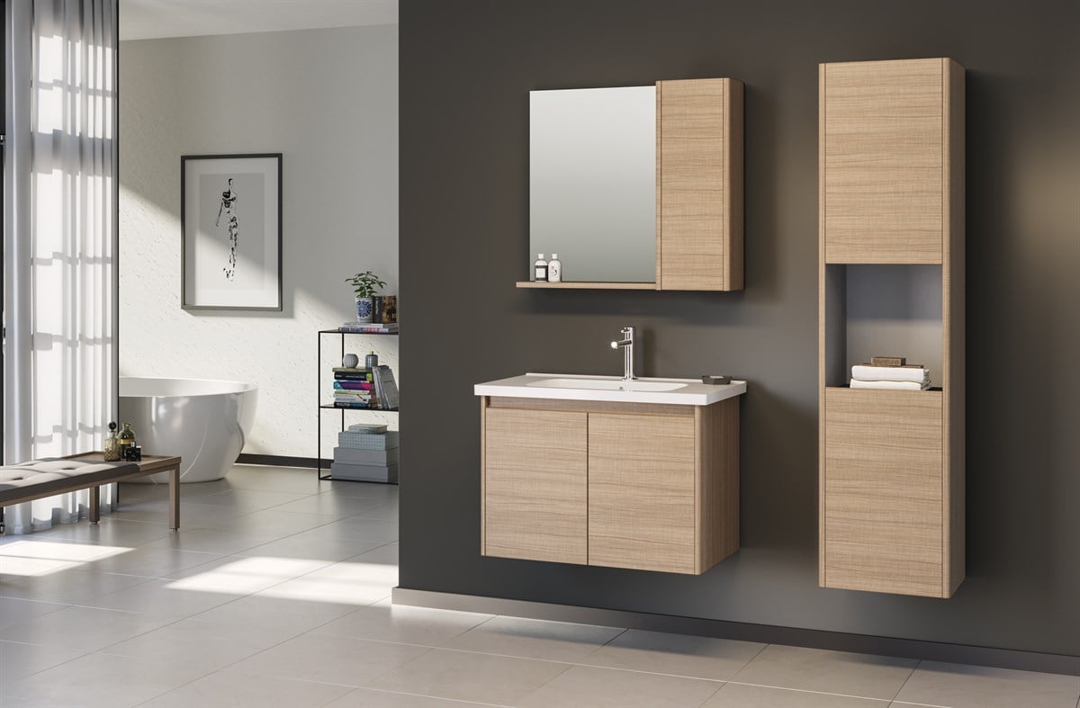 Orka Düden Kapaklı White Oak 80 cm Banyo Dolabı