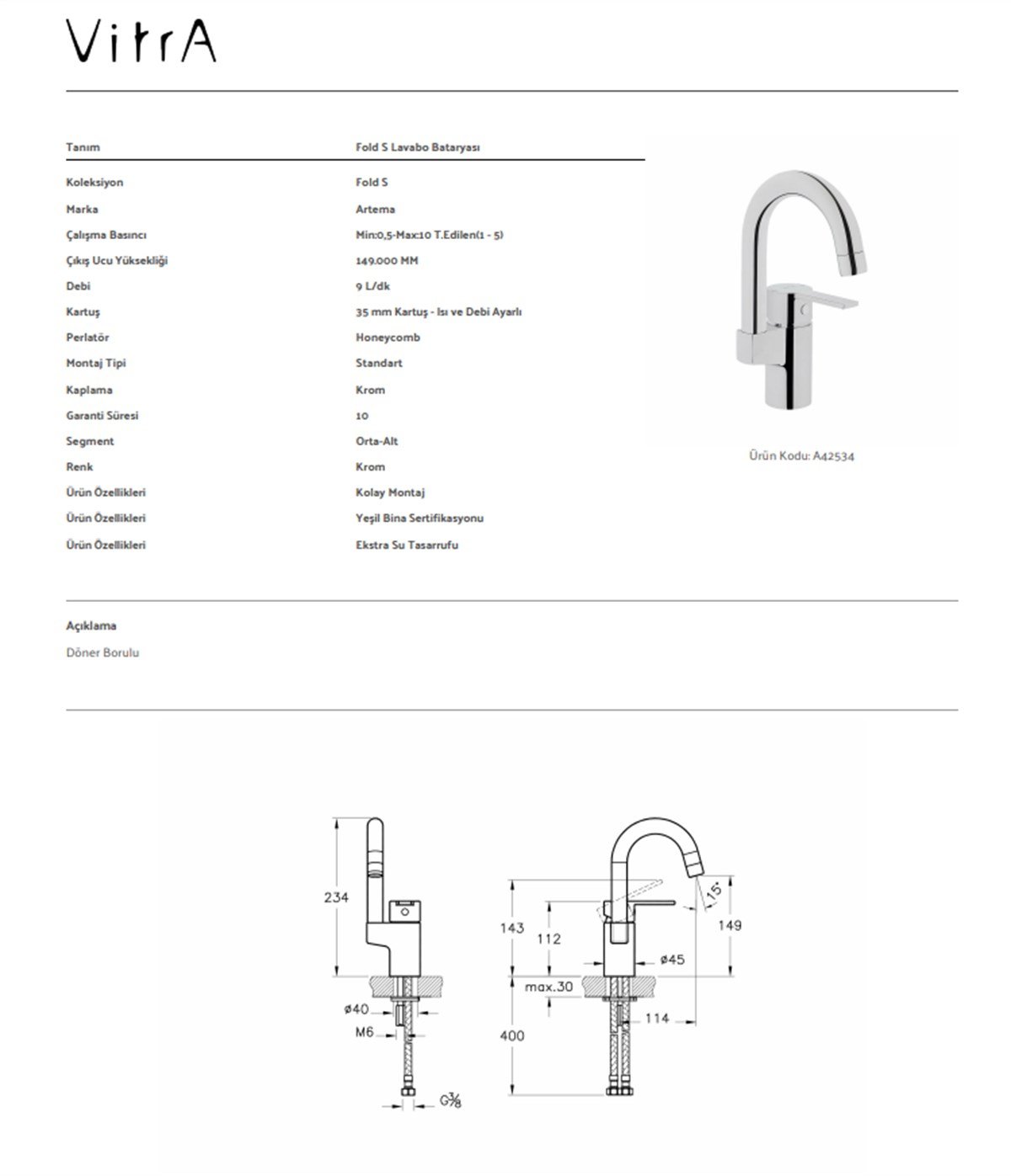 Vitra Artema Fold S Lavabo Bataryası Döner Borulu 