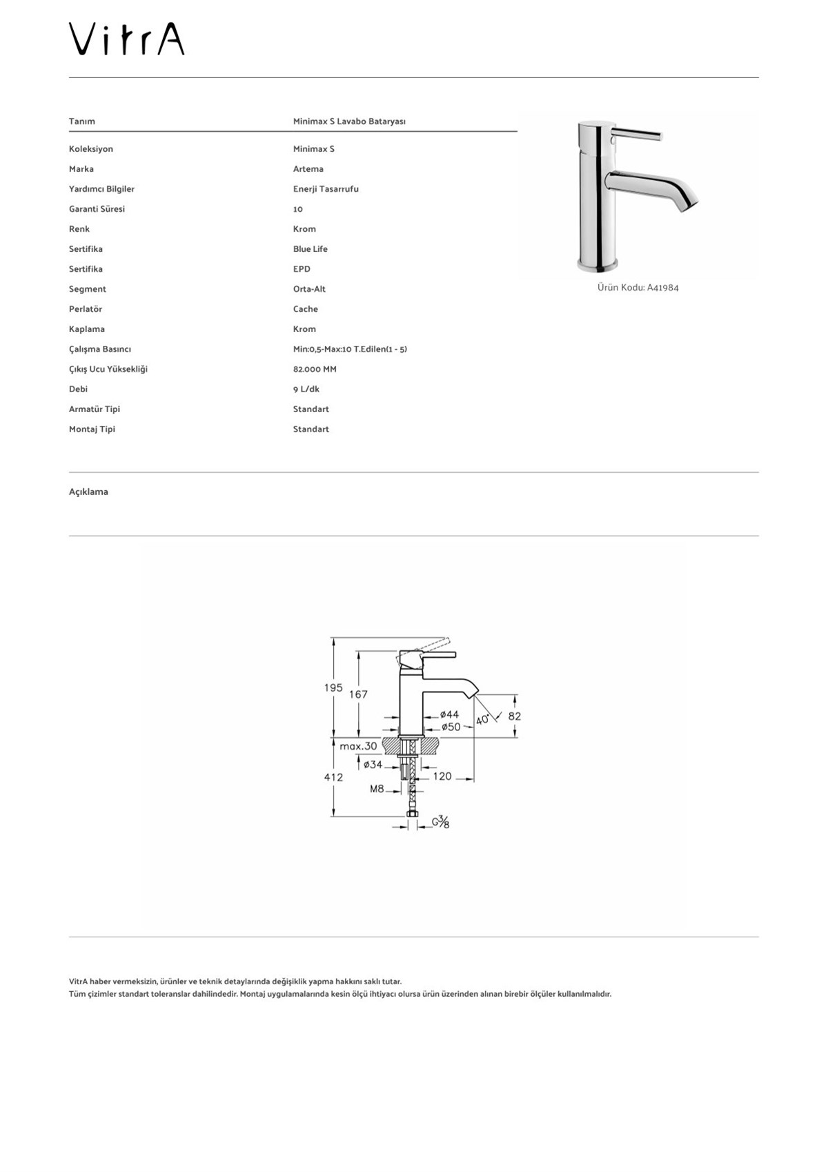 Vitra Artema Minimax S Lavabo Bataryası 