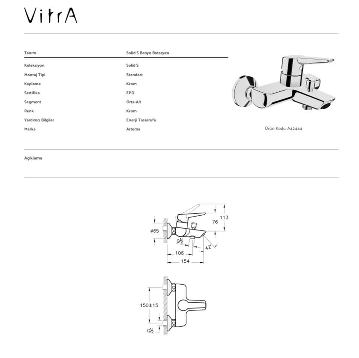 Vitra Artema Solid S Banyo Bataryası 