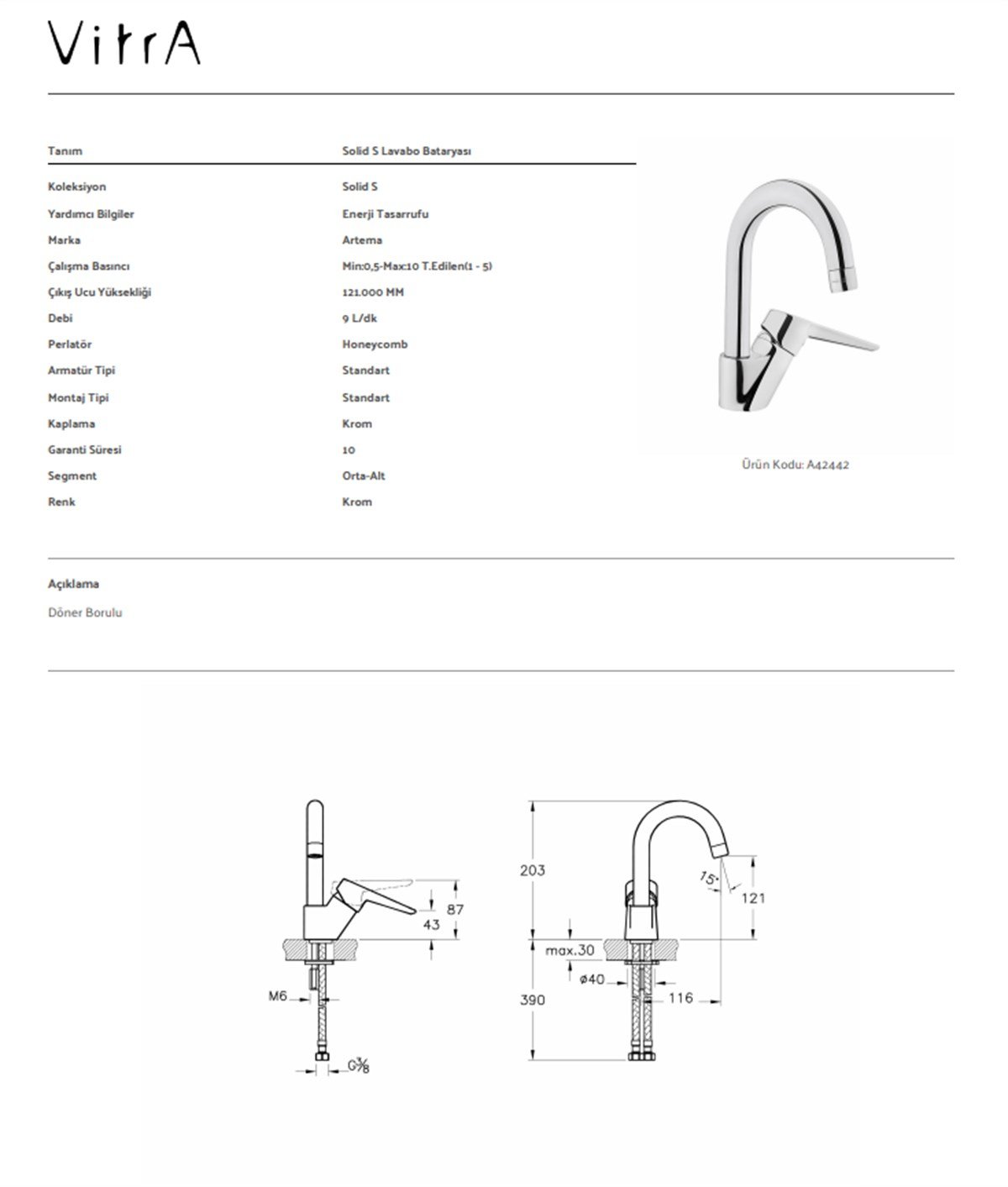 Vitra Artema Solid S Döner Borulu Lavabo Bataryası 