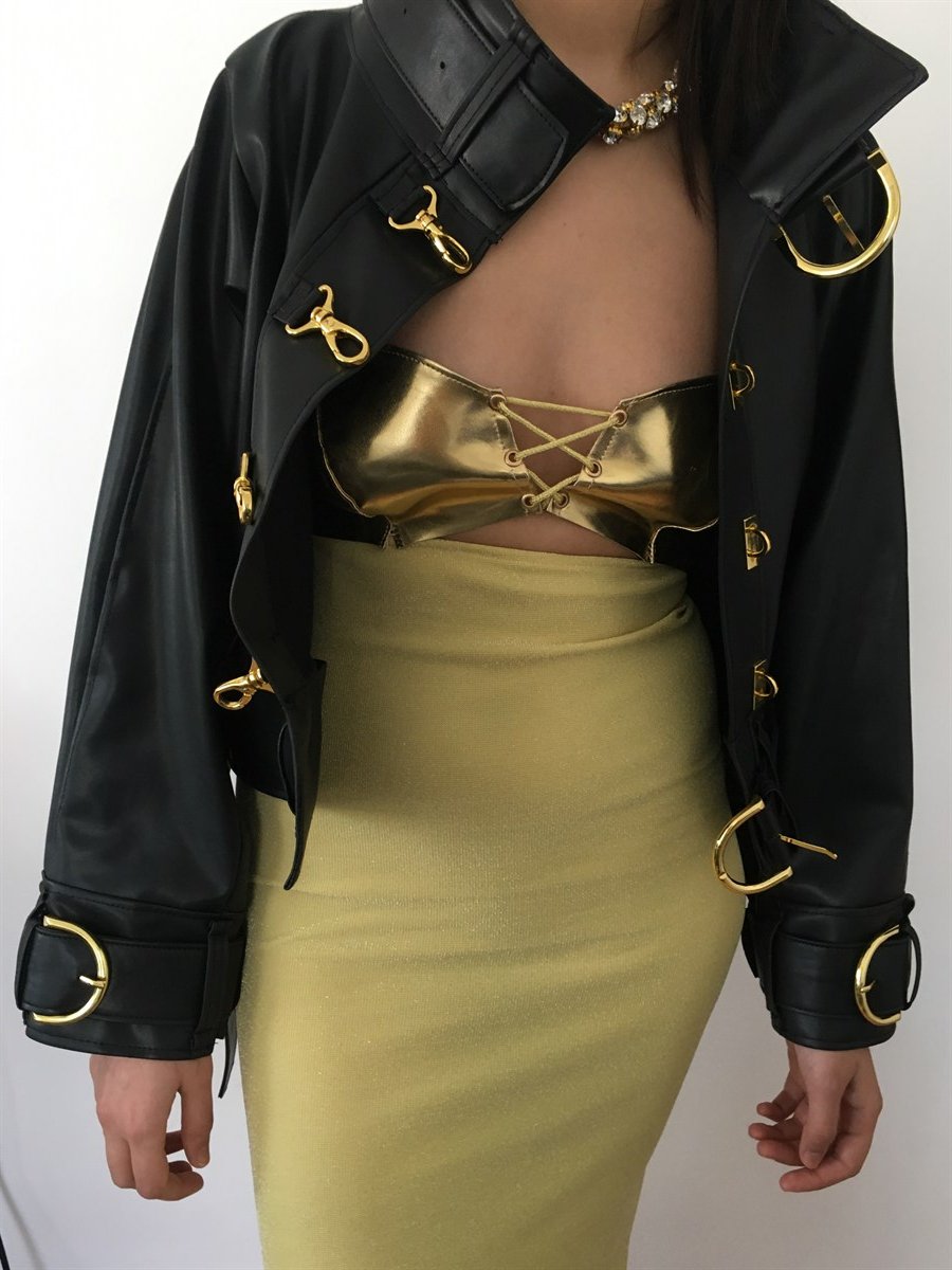  GOLD DETAYLI VEGAN DERİ CEKET