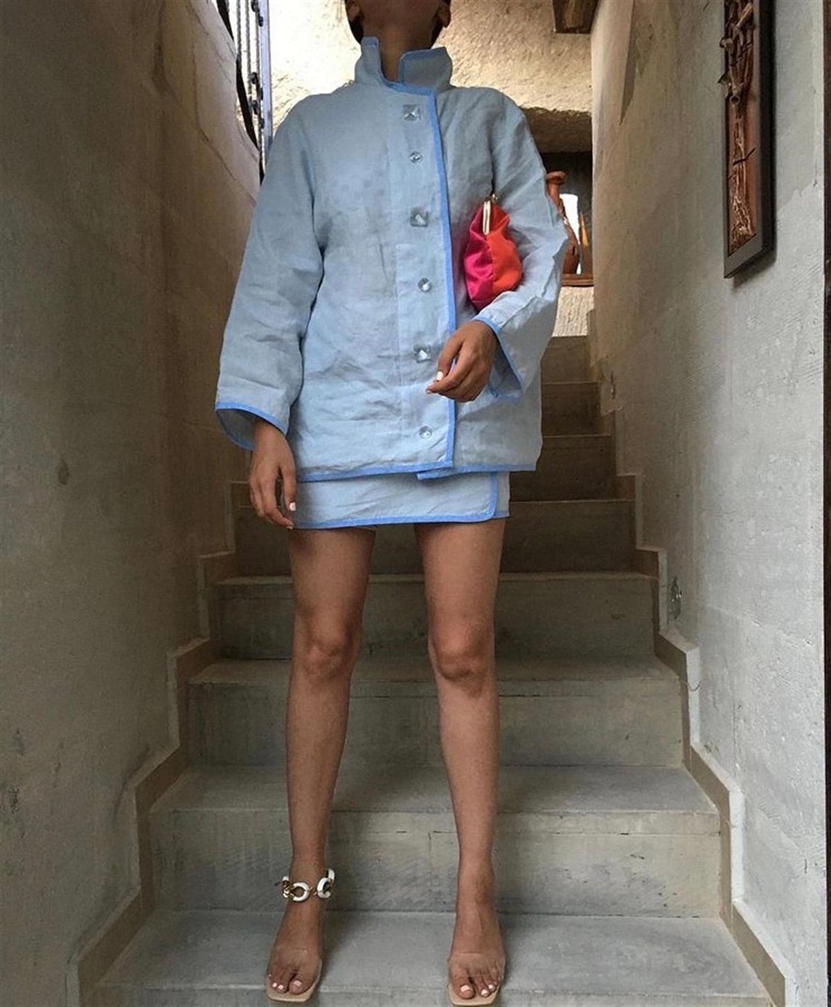 MAVİ KETEN MİNİ ETEK