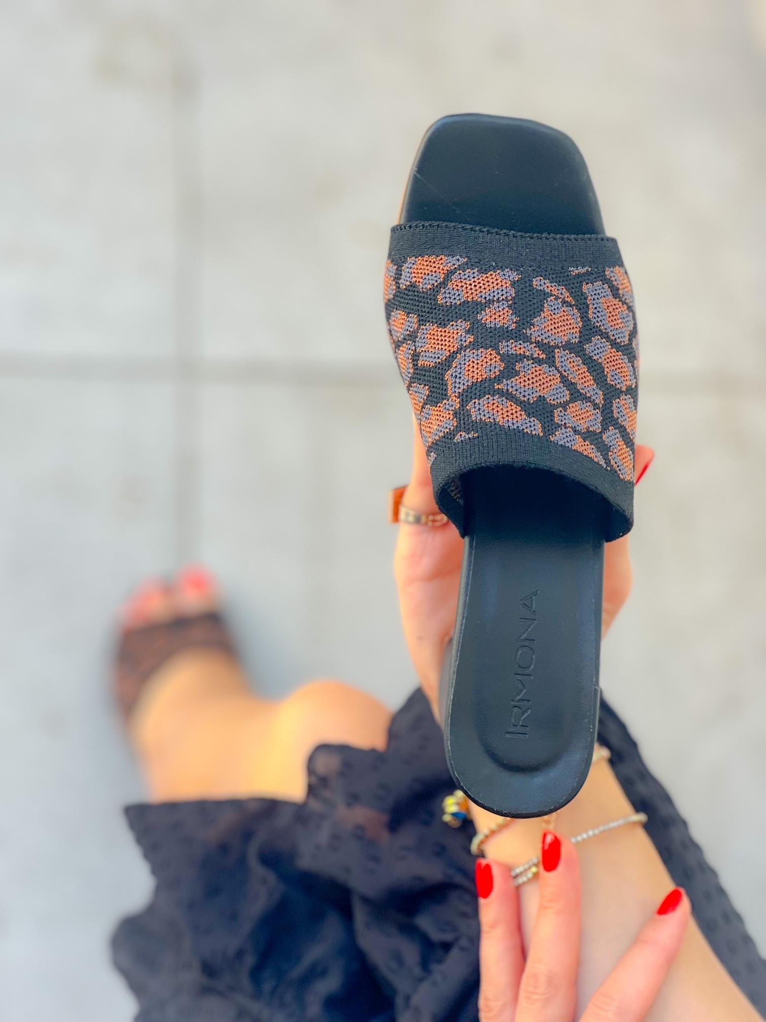 Angel Siyah Leopar Triko 5 cm Ökçe Terlik