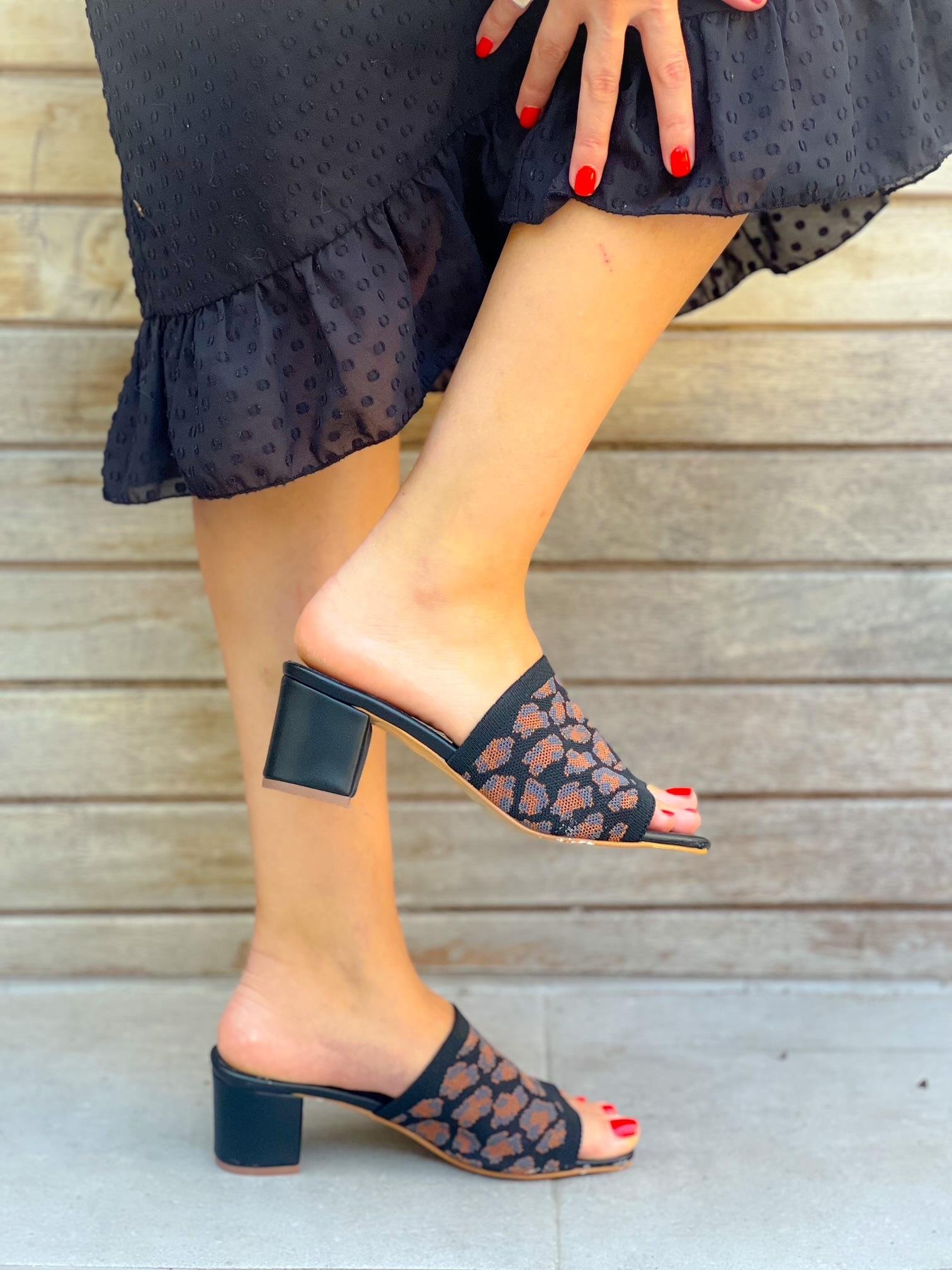 Angel Siyah Leopar Triko 5 cm Ökçe Terlik