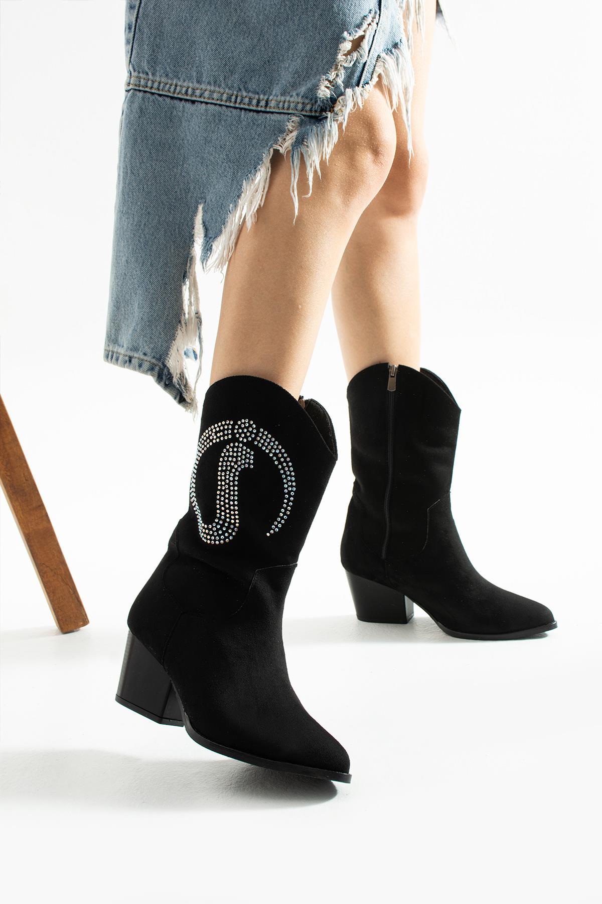 BERİMONA SİYAH TAŞLI DANA SÜET 6 CM TOPUKLU DALLAS BOT BOTTİE