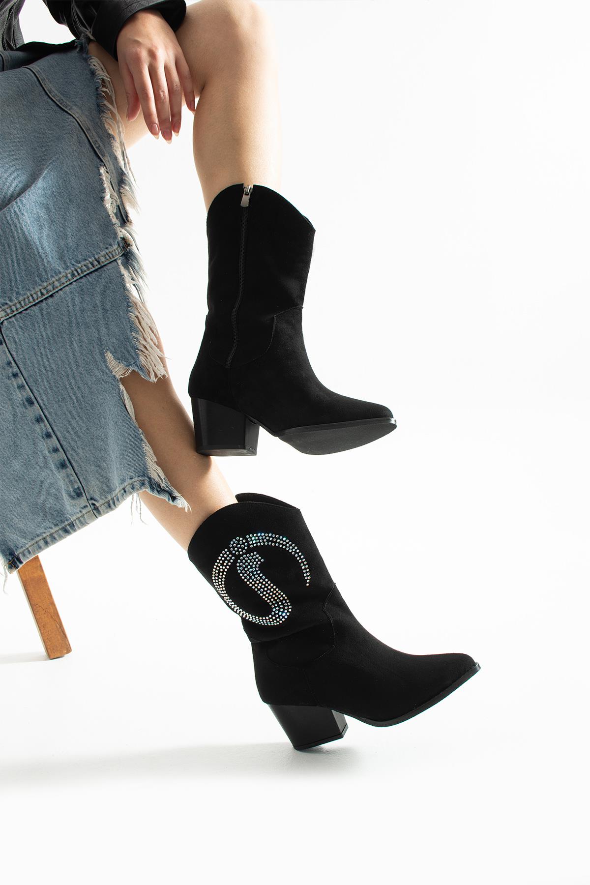BERİMONA SİYAH TAŞLI DANA SÜET 6 CM TOPUKLU DALLAS BOT BOTTİE