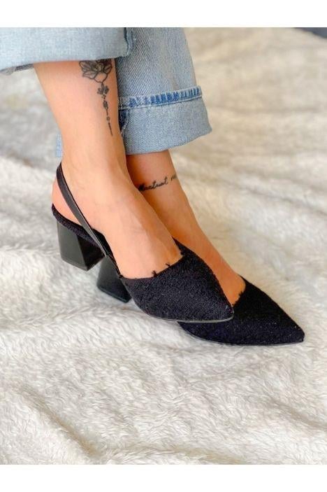 BERİR KOMPLE SİYAH TRUF KUMAS BANTLI TOPUKLU SANDALET