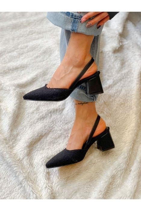 BERİR KOMPLE SİYAH TRUF KUMAS BANTLI TOPUKLU SANDALET