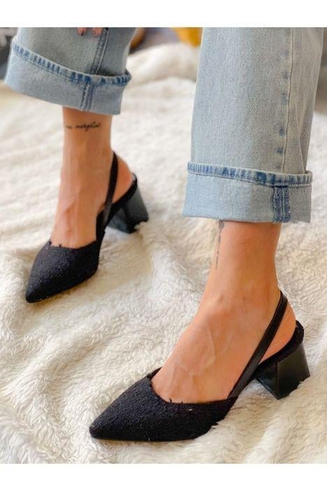 BERİR KOMPLE SİYAH TRUF KUMAS BANTLI TOPUKLU SANDALET