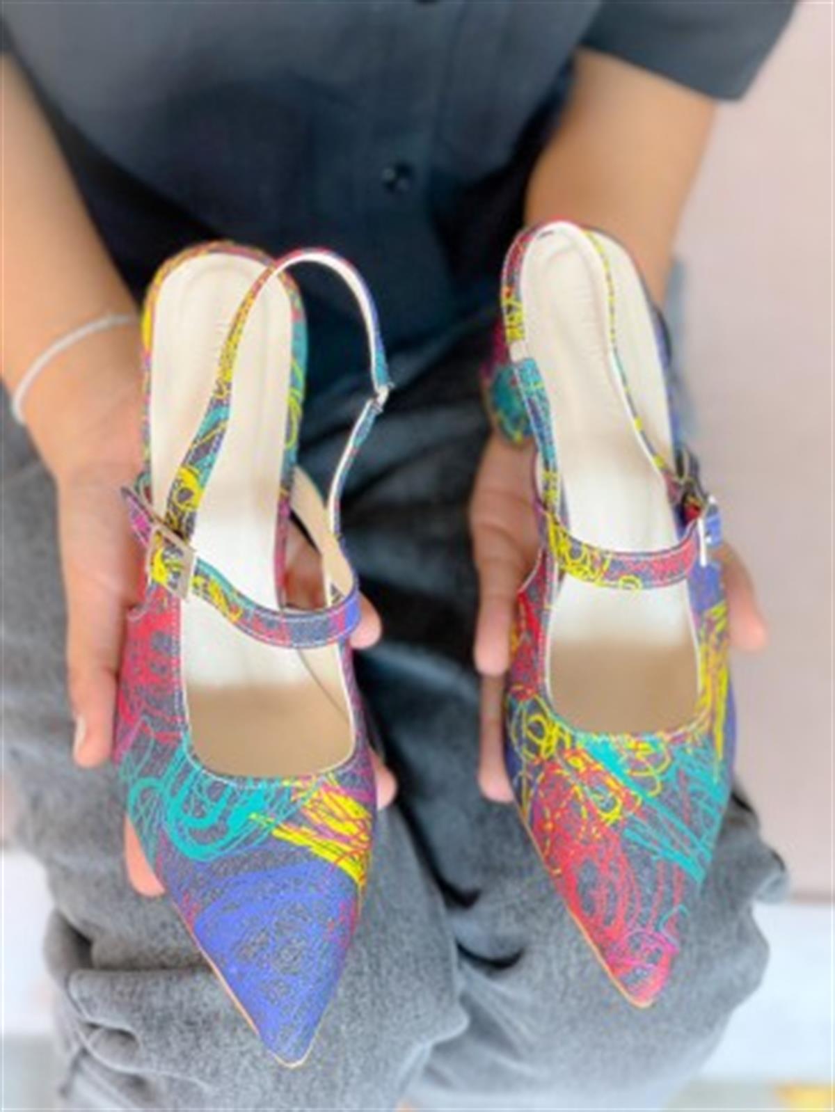 CLORY FÜME JEANS COK RENKLİ TOPUKLU SANDALET