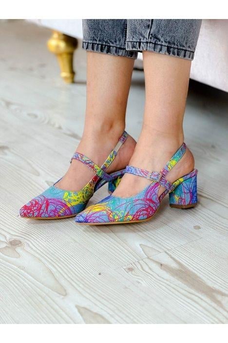 CLORY MAVİ JEAN COK RENKLİ TOPUKLU SANDALET