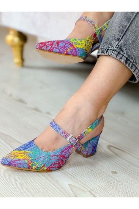 CLORY MAVİ JEAN COK RENKLİ TOPUKLU SANDALET