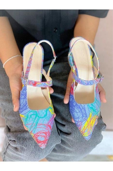 CLORY MAVİ JEAN COK RENKLİ TOPUKLU SANDALET