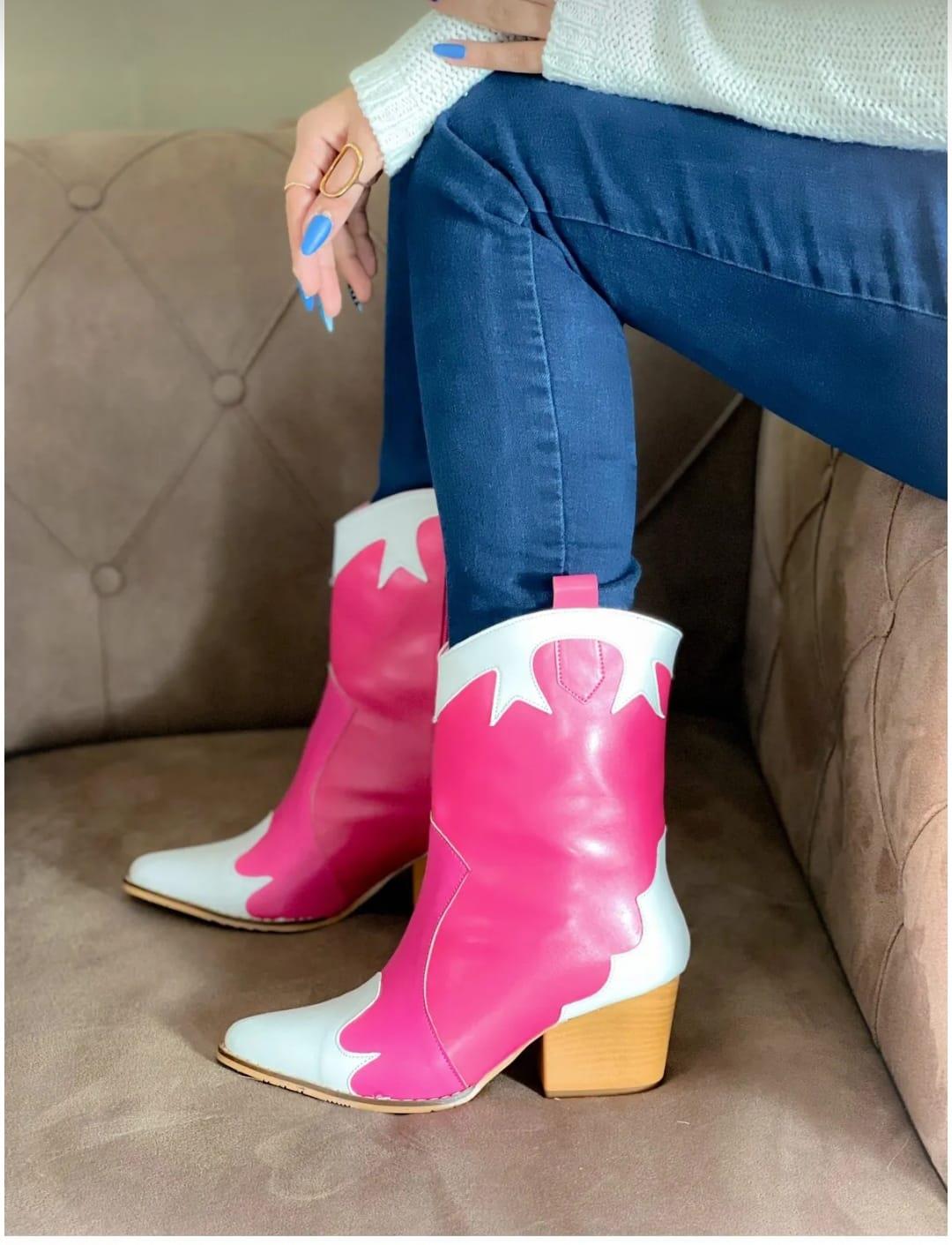 DORİ PEMBE BEYAZ DERİ DETAYLI DALLAS WESTERN BOT