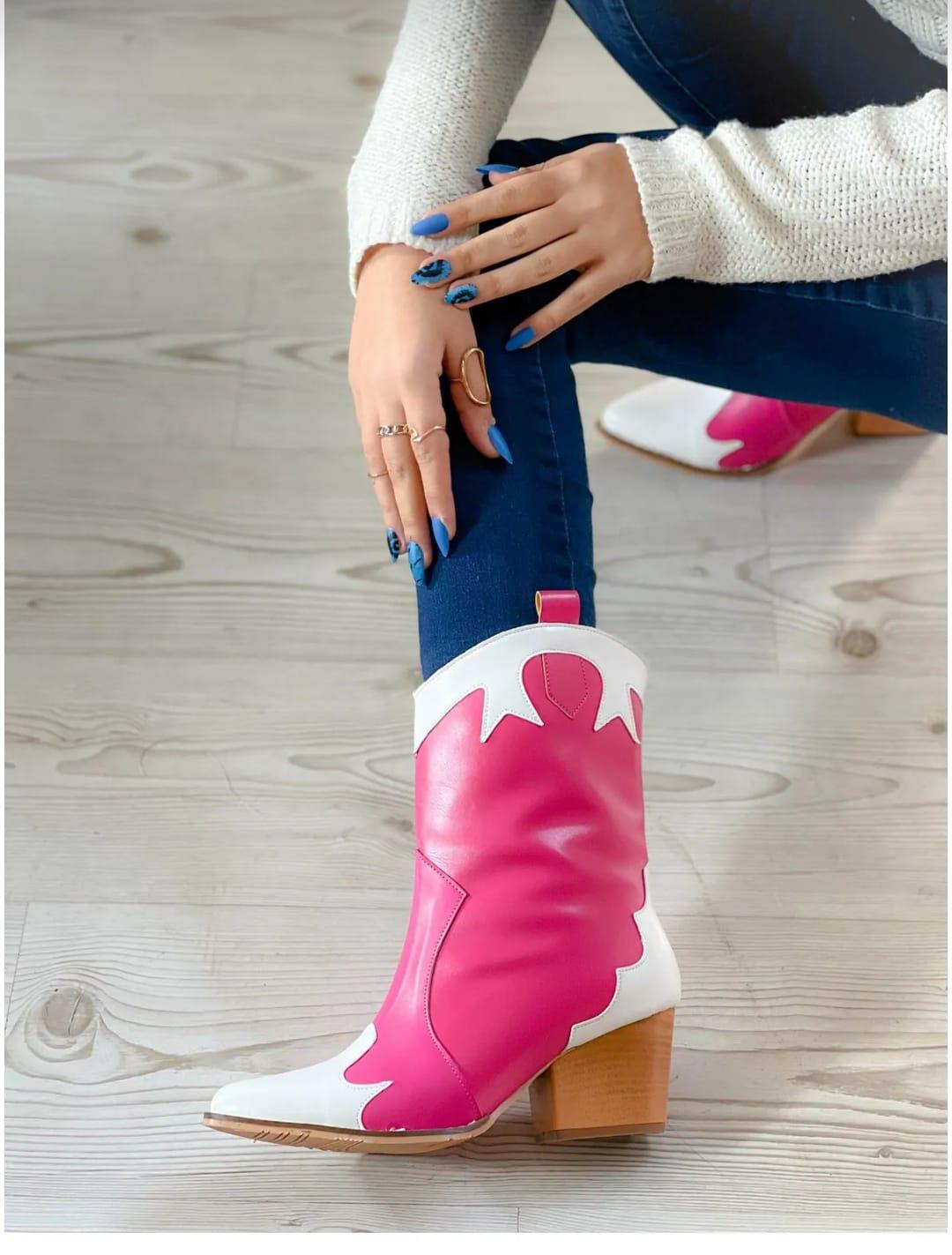 DORİ PEMBE BEYAZ DERİ DETAYLI DALLAS WESTERN BOT