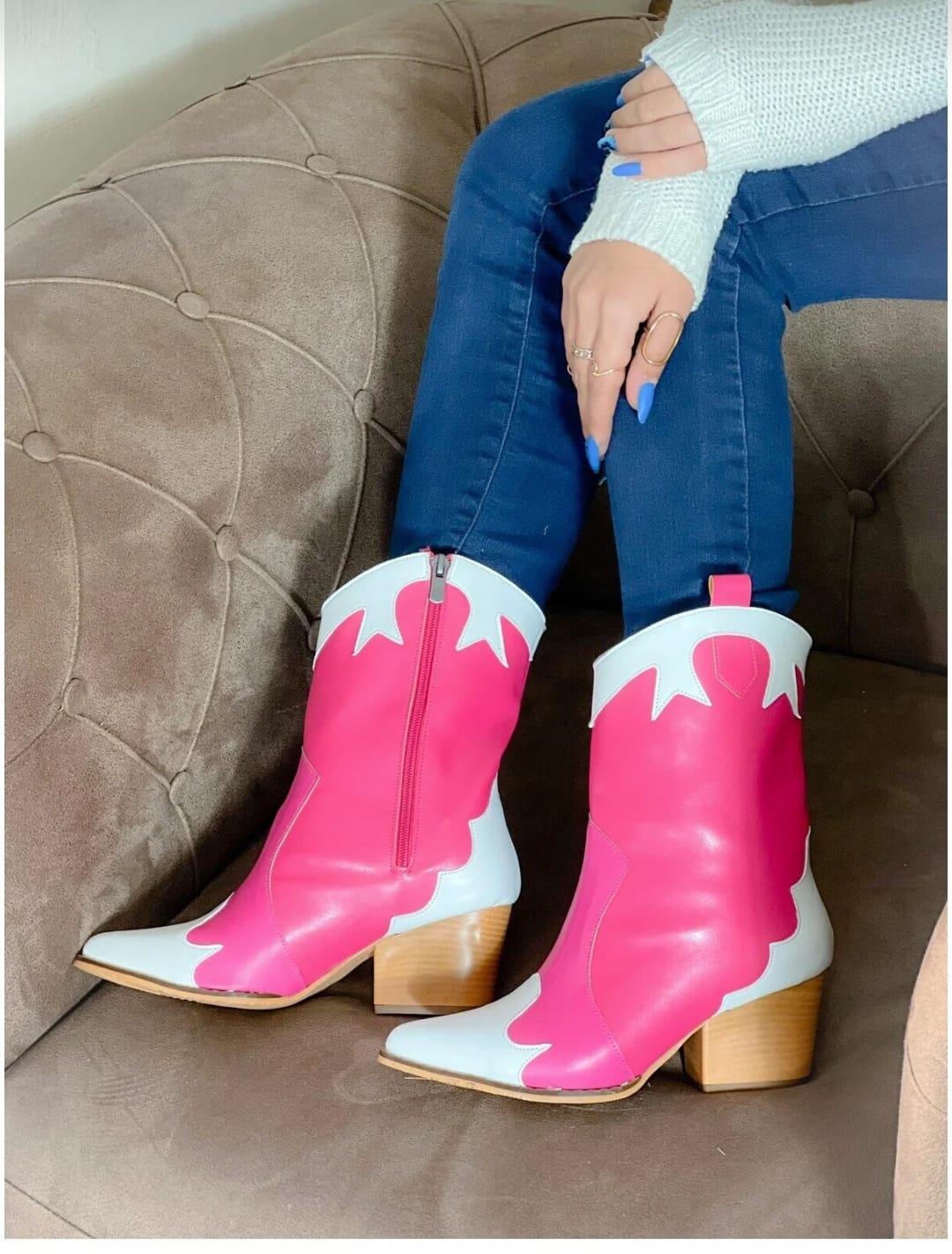 DORİ PEMBE BEYAZ DERİ DETAYLI DALLAS WESTERN BOT