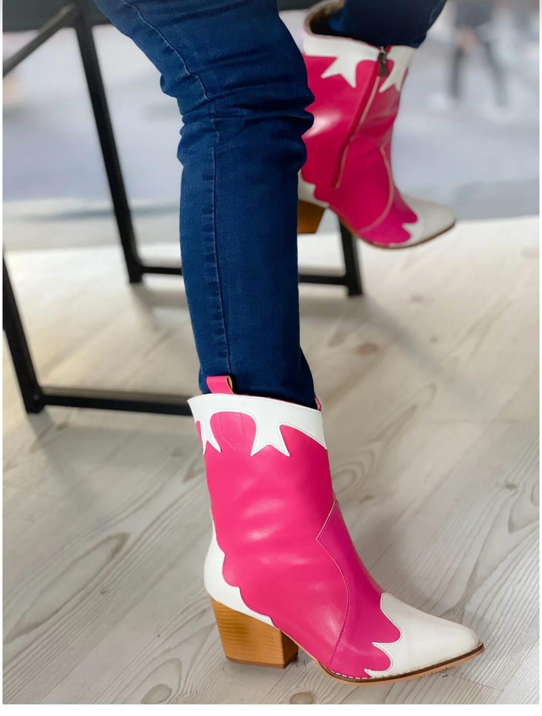 DORİ PEMBE BEYAZ DERİ DETAYLI DALLAS WESTERN BOT