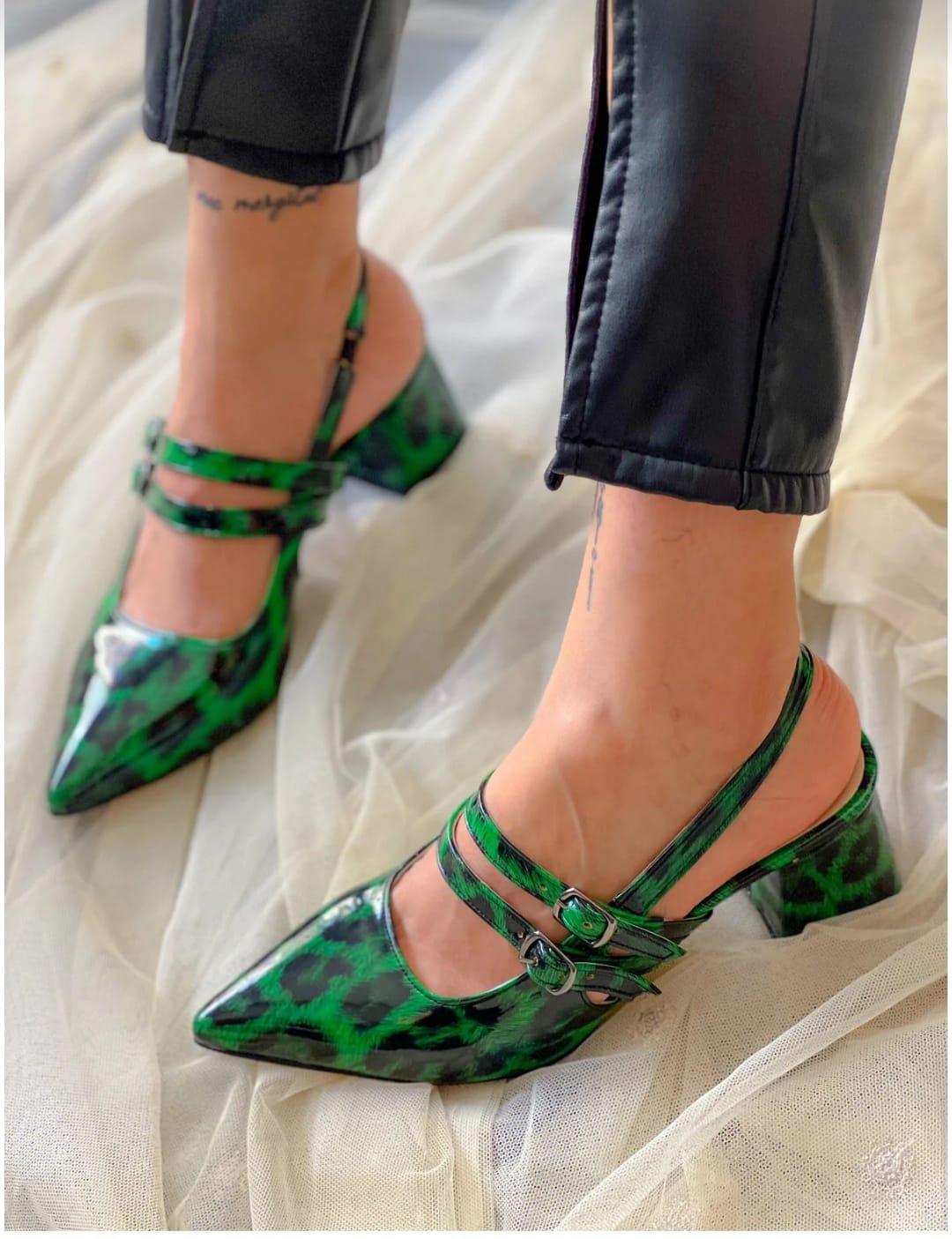 irmona CEYLİ YEŞİL LEOPAR 2 BANTLI TOPUKLU SANDALET