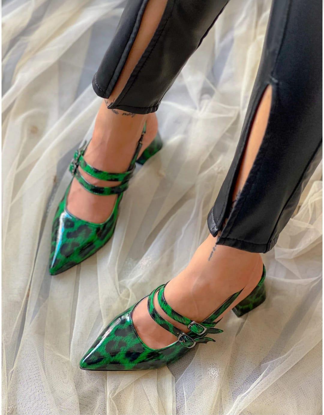 irmona CEYLİ YEŞİL LEOPAR 2 BANTLI TOPUKLU SANDALET