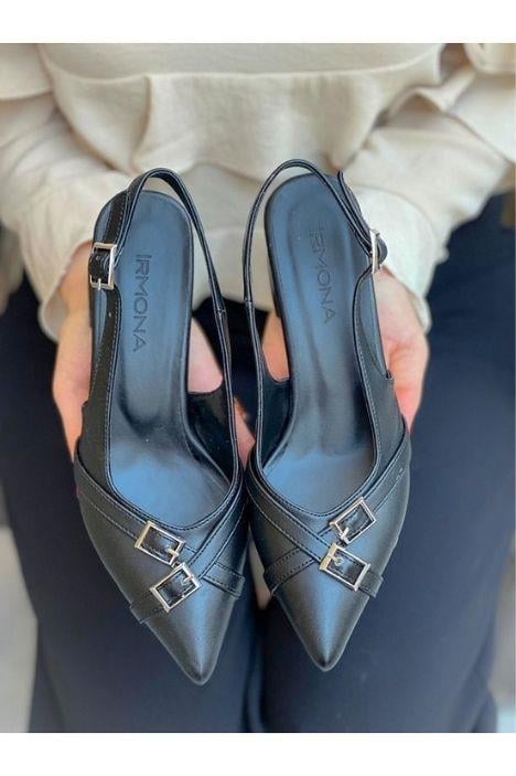 KENDI SİYAH DERİ TOKALI SIVRI BURUN TOPUKLU SANDALET