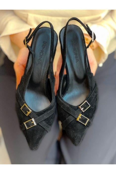 KENDI SİYAH SÜET TOKALI SIVRI BURUN TOPUKLU SANDALET