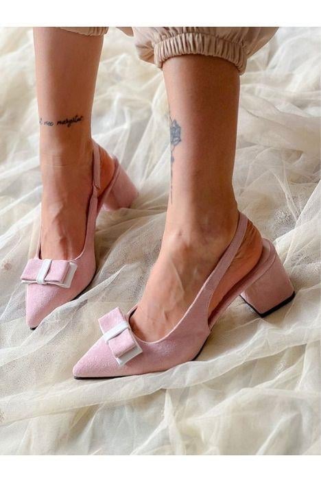 PARİ PEMBE DANA SÜET KURDELELİ TOPUKLU AYAKKABI SANDALET