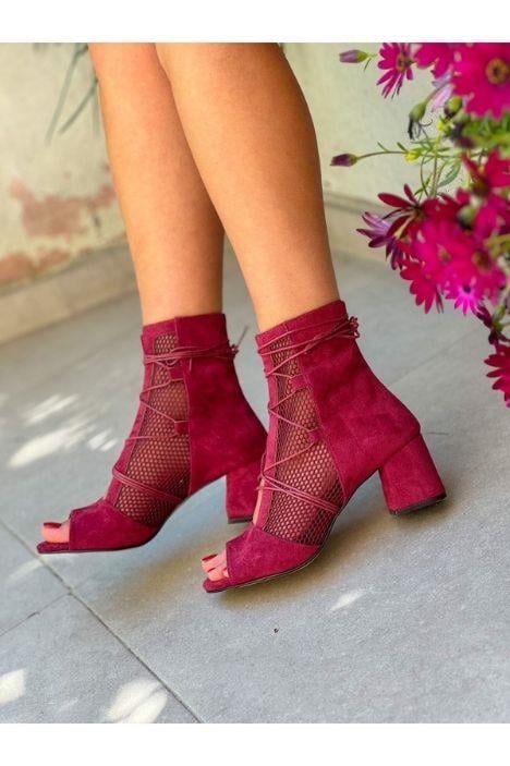 SMİLE BORDO FİLELİ BAGCIKLI 5 CM TOPUKLU YAZLIK BOT