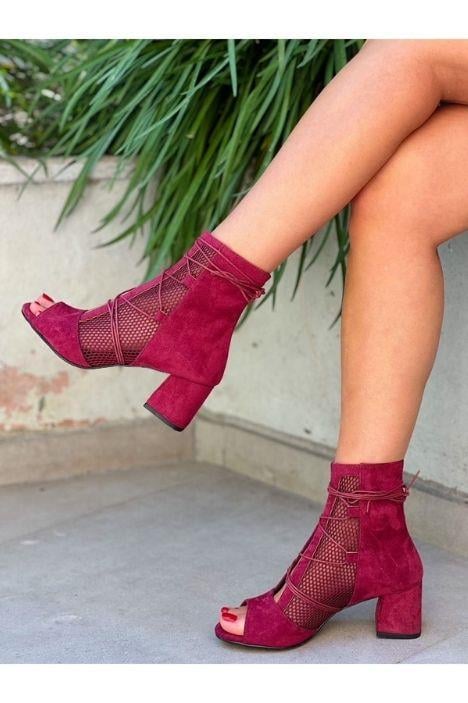 SMİLE BORDO FİLELİ BAGCIKLI 5 CM TOPUKLU YAZLIK BOT