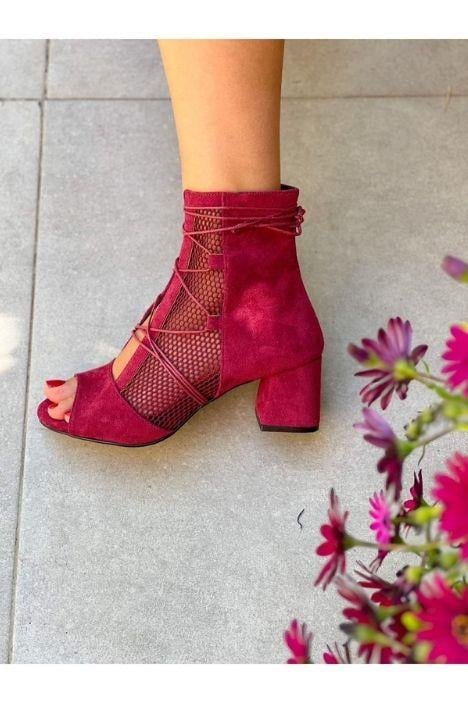 SMİLE BORDO FİLELİ BAGCIKLI 5 CM TOPUKLU YAZLIK BOT
