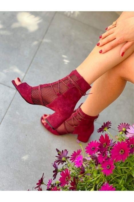 SMİLE BORDO FİLELİ BAGCIKLI 5 CM TOPUKLU YAZLIK BOT