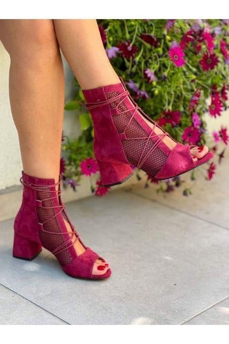 SMİLE BORDO FİLELİ BAGCIKLI 5 CM TOPUKLU YAZLIK BOT