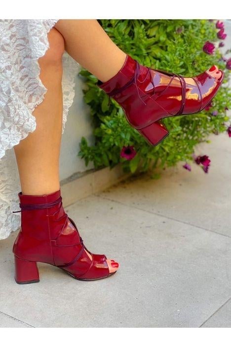 Smile Bordo Rugan Bagcikli 5 Cm Topuklu Yazlik Botv