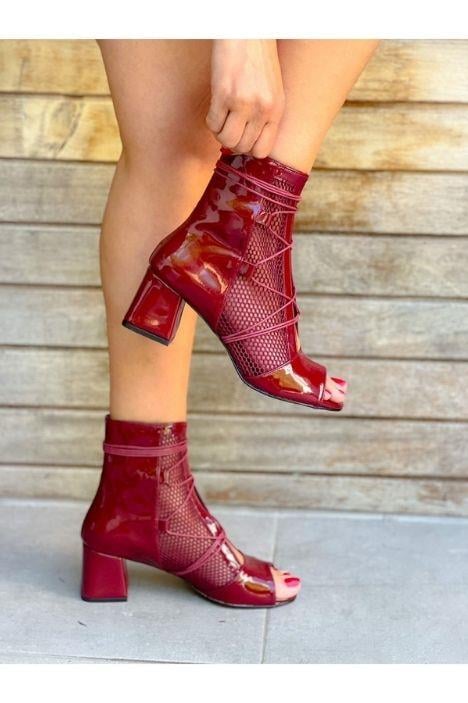 Smile Bordo Rugan Fileli Bagcikli 5 Cm Topuklu Yazlik Bot