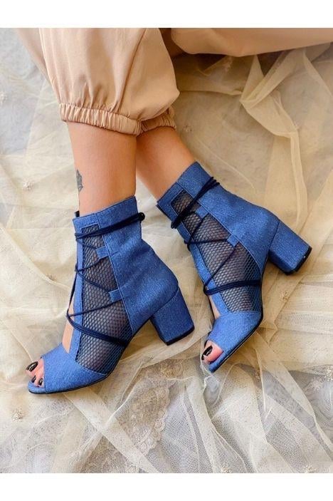 SMİLE KOT FİLELİ BAGCIKLI 5 CM TOPUKLU YAZLIK BOT