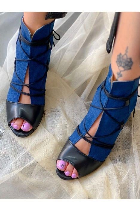 SMİLE KOT SİYAH BAGCIKLI 5 CM TOPUKLU YAZLIK BOT
