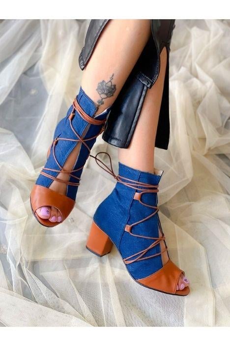 SMİLE KOT TABA BAGCIKLI 5 CM TOPUKLU YAZLIK BOT