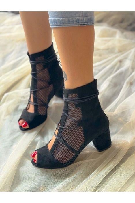 SMİLE SİYAH SÜET FİLELİ BAGCIKLI 5 CM TOPUKLU YAZLIK BOT