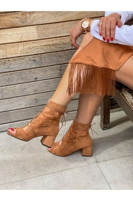 SMİLE TABA DANA SÜET BAGCIKLI 5 CM TOPUKLU YAZLIK BOT