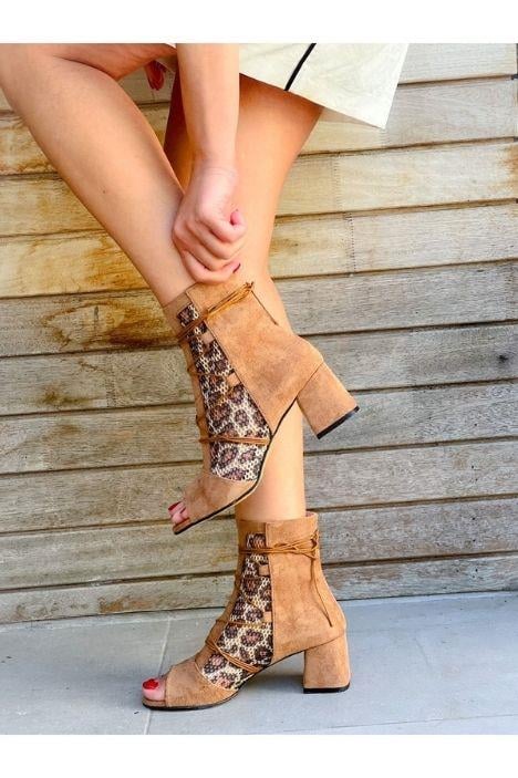 SMİLE TABA SÜET LEOPAR FİLELİ BAGCIKLI 5 CM TOPUKLU YAZLIK BOT