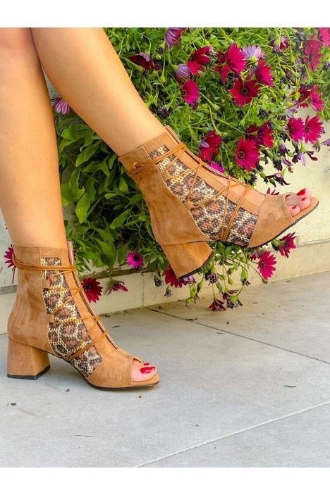 SMİLE TABA SÜET LEOPAR FİLELİ BAGCIKLI 5 CM TOPUKLU YAZLIK BOT