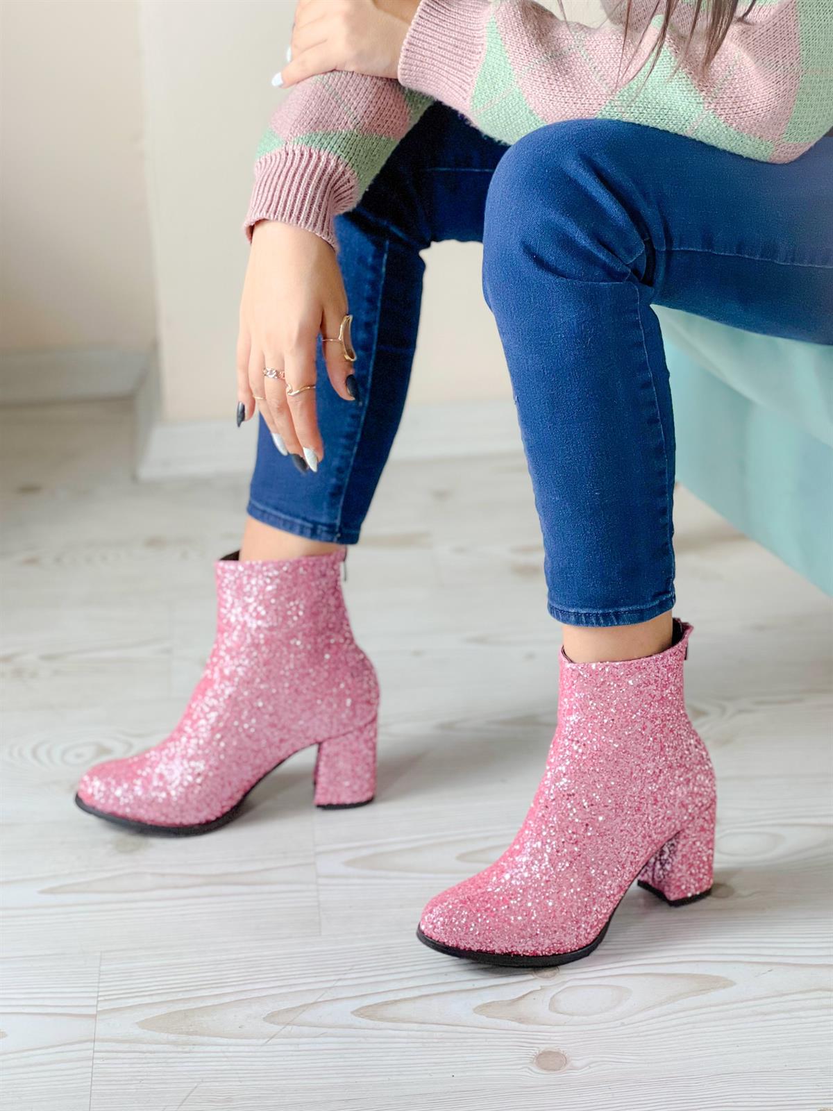Star Pembe Taşlı Topuklu Bot Bottie