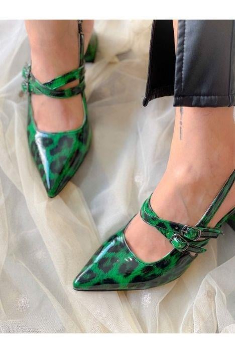 VERONİKA YEŞİL SİYAH LEOPAR RUGAN 2 TOKALI KISA ÖKÇE SANDALET