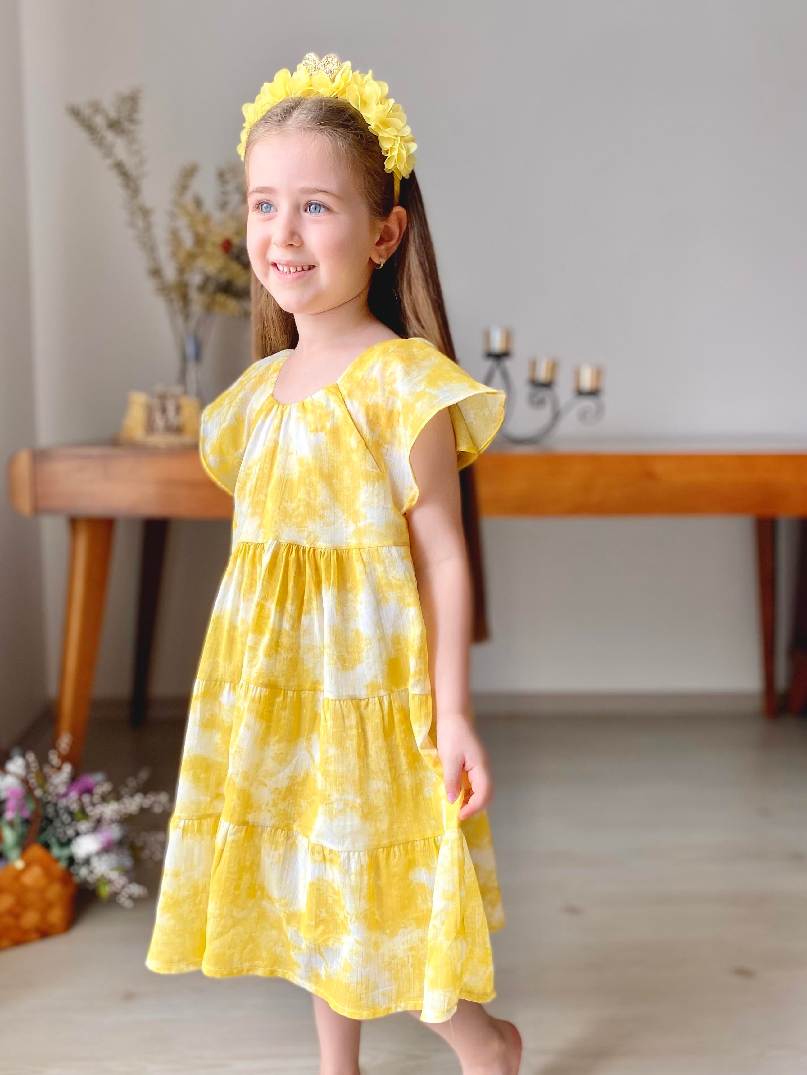 Batik Desen Mendil Kol Elbise Sarı