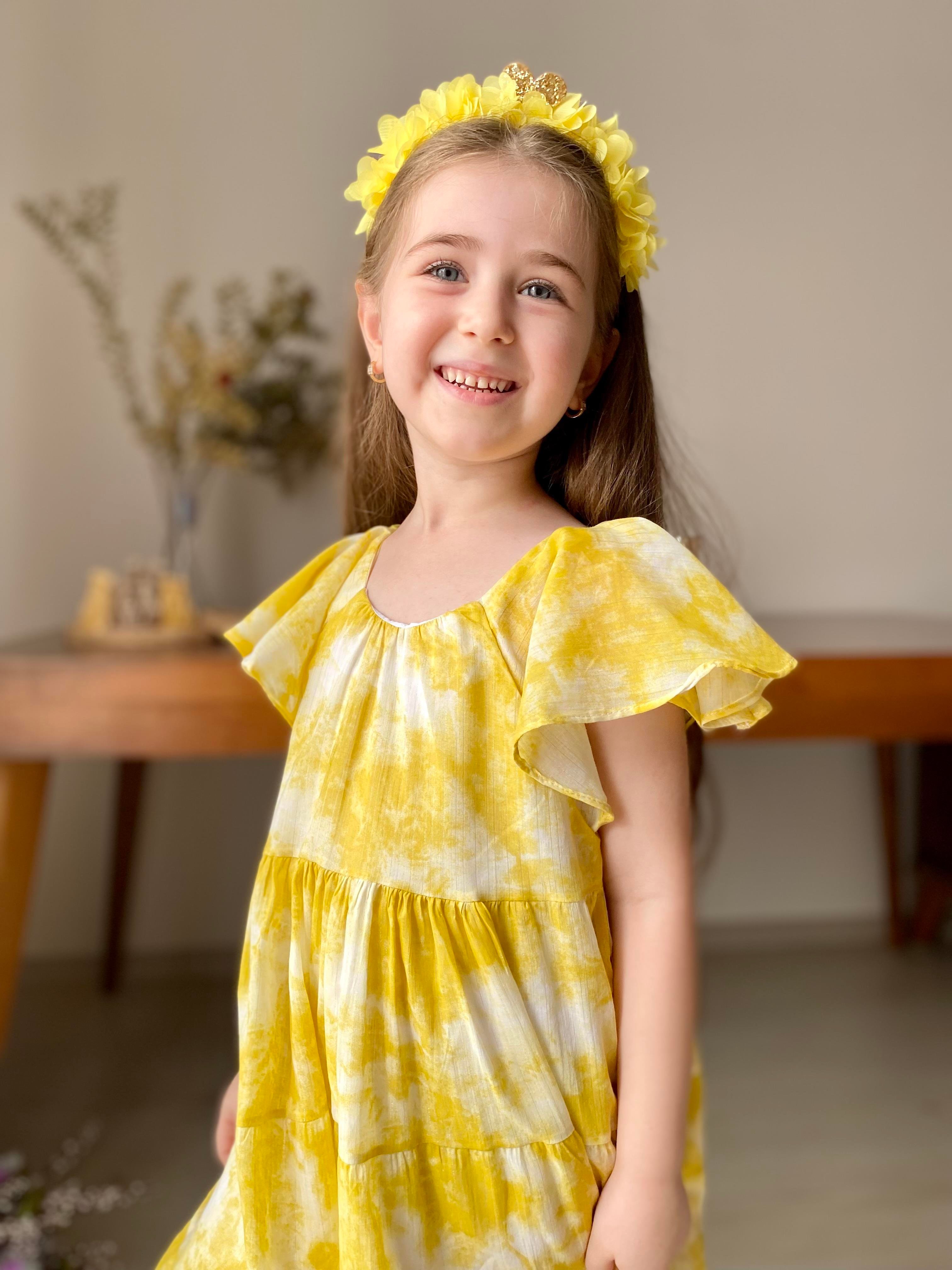 Batik Desen Mendil Kol Elbise Sarı