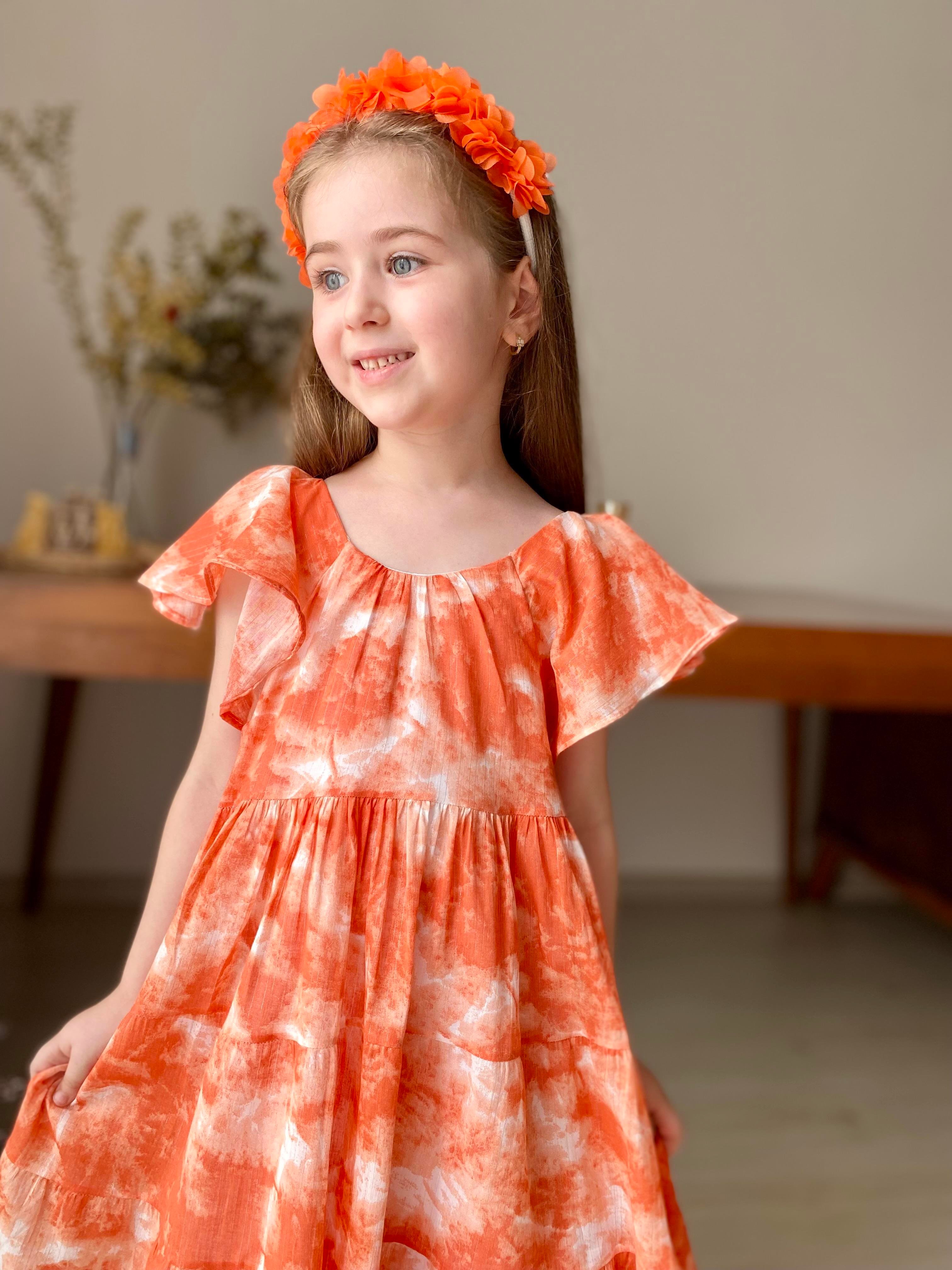 Batik Desen Mendil Kol Elbise Turuncu