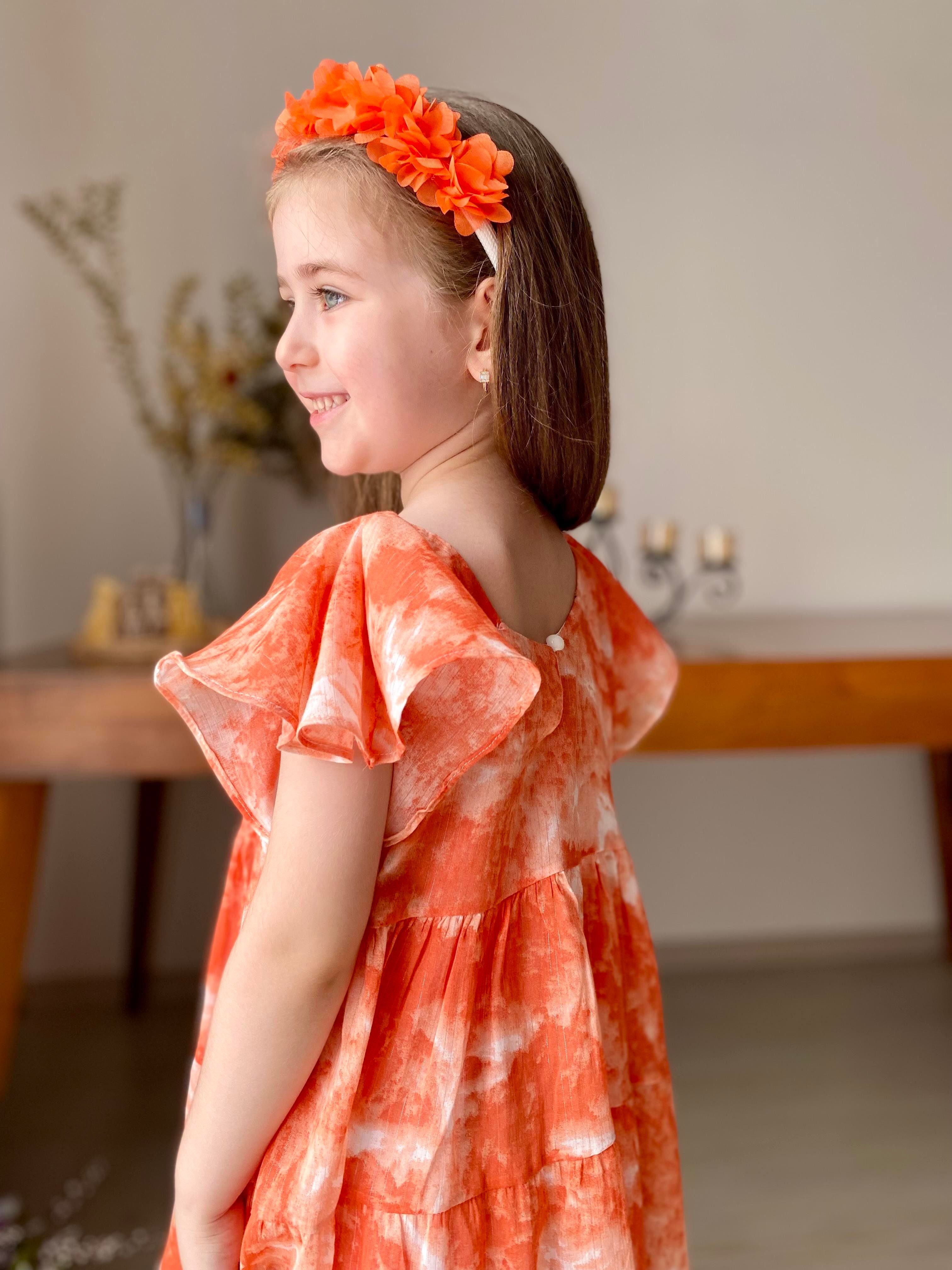 Batik Desen Mendil Kol Elbise Turuncu